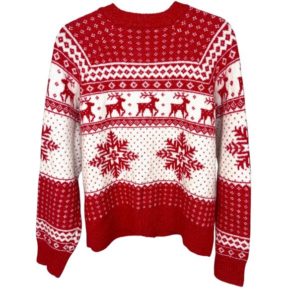 Old Navy red & white reindeer & snowflakes sweater button front Size XL - Picture 2 of 15